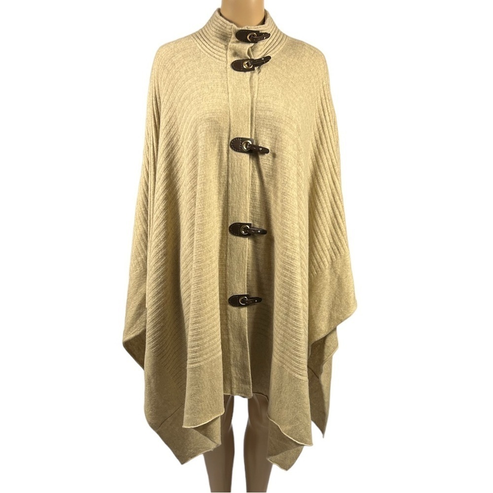 Jones NY Signature Cream Wool Ribbed Cape Poncho with Toggles One Size
